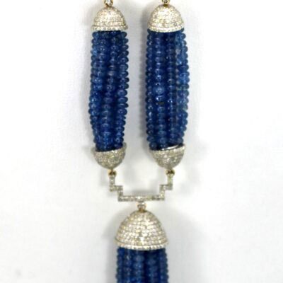 Blue Sapphire Beaded Double Tassel Pendant Necklace