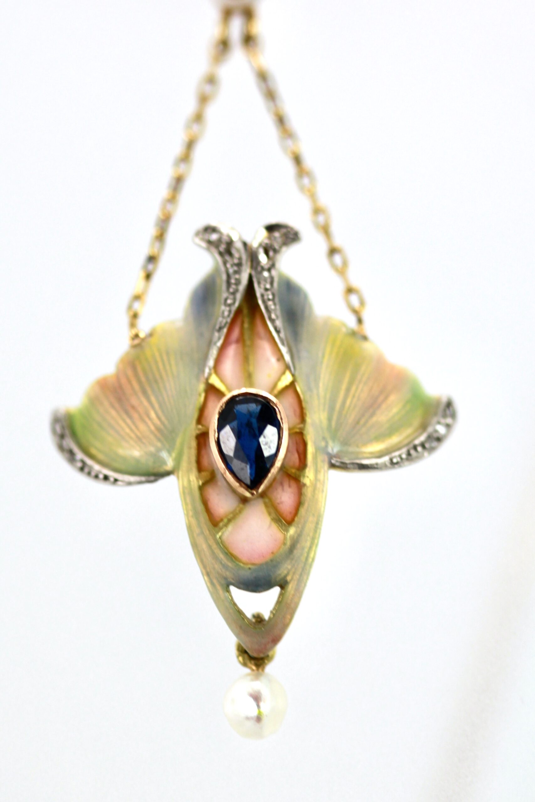 Art Nouveau Sapphire, Pearl, Enamel Pendant 14K