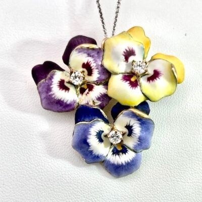 Enamel Pansy Brooch Pendant 14K 1960's
