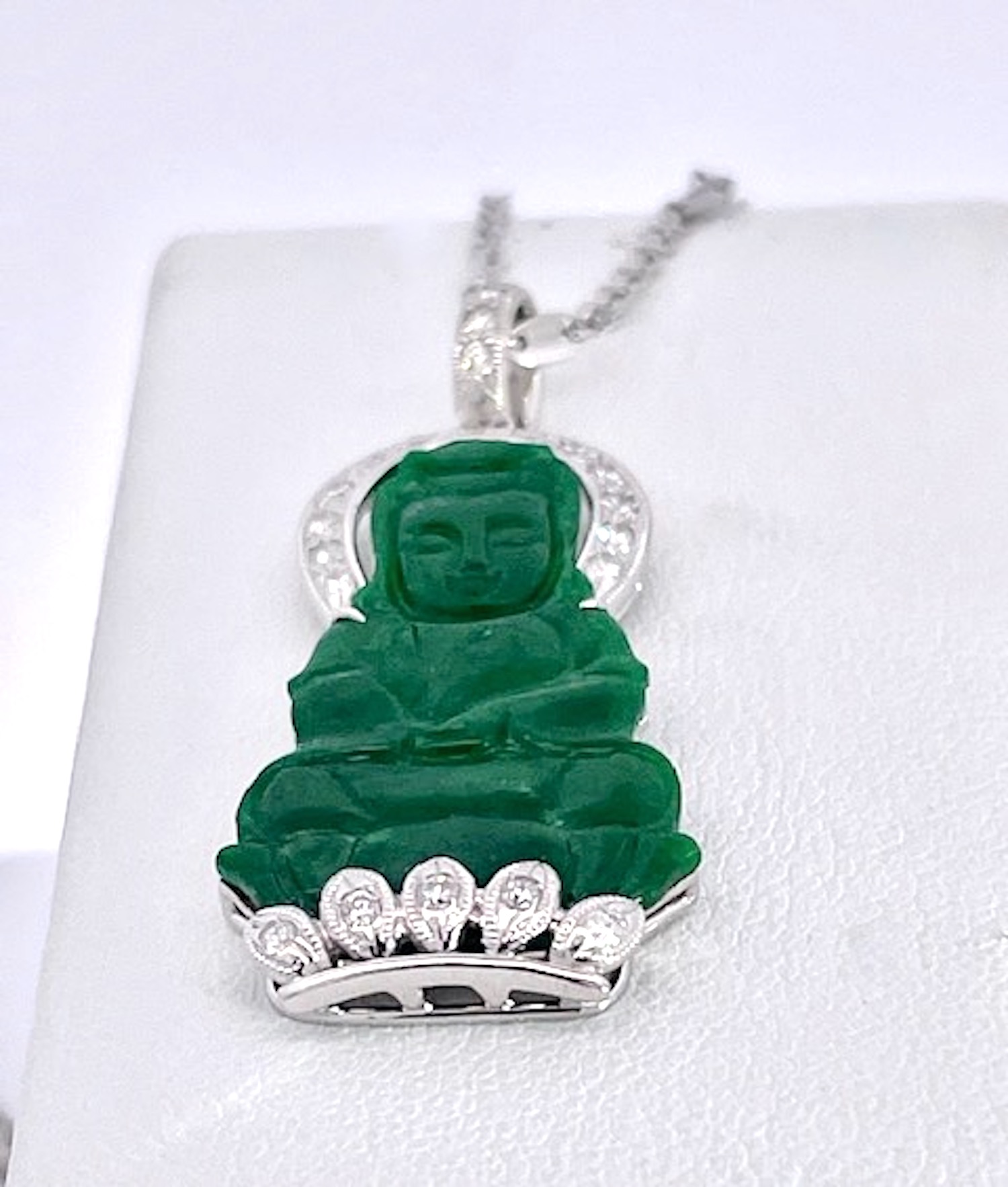 Jade and Diamond Guanyin Kwan Yin Pendant Platinum Chain