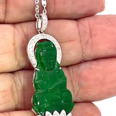 Jade and Diamond Guanyin Kwan Yin Pendant Platinum Chain